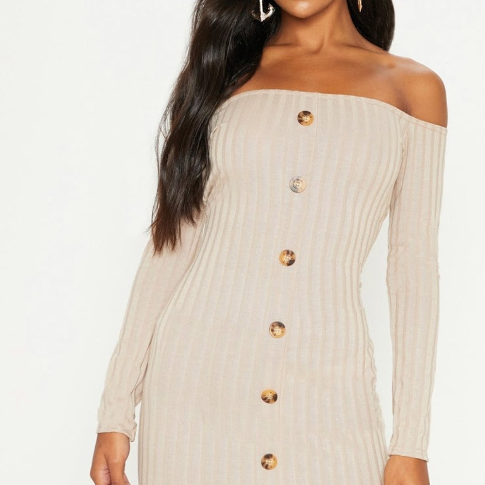 Stone Ribbed Button Mini Dress  - Size 2